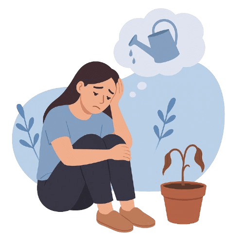 TuskTask landing page hero illustration, a girl with a dying plant.